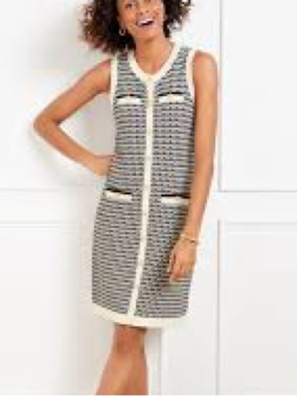 Talbots Textured Tweed Sweater Dress button-front design gold-tone buttons